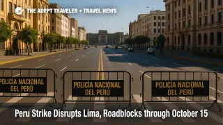 A central Lima avenue with police barricades and light traffic during a Peru transport strike travel advisory, near government buildings.