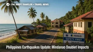 Evacuated coastal barangay in Mindanao with taped-off buildings and calm seas, illustrating safety checks and traveler context for the Philippines earthquakes update.