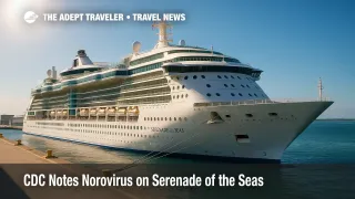 Serenade of the Seas docked in bright sun at PortMiami, illustrating CDC Vessel Sanitation Program guidance after a norovirus outbreak.