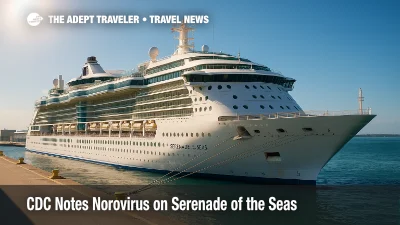 Serenade of the Seas docked in bright sun at PortMiami, illustrating CDC Vessel Sanitation Program guidance after a norovirus outbreak.