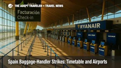 Busy Spanish airport check-in hall with Ryanair counters during Azul Handling action, illustrating Spain baggage-handler strikes and peak-hour queues.