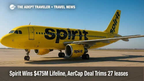 Spirit Airlines A320 on a maintenance ramp under clear skies, illustrating DIP financing and AerCap settlement during the Spirit Airlines bankruptcy.