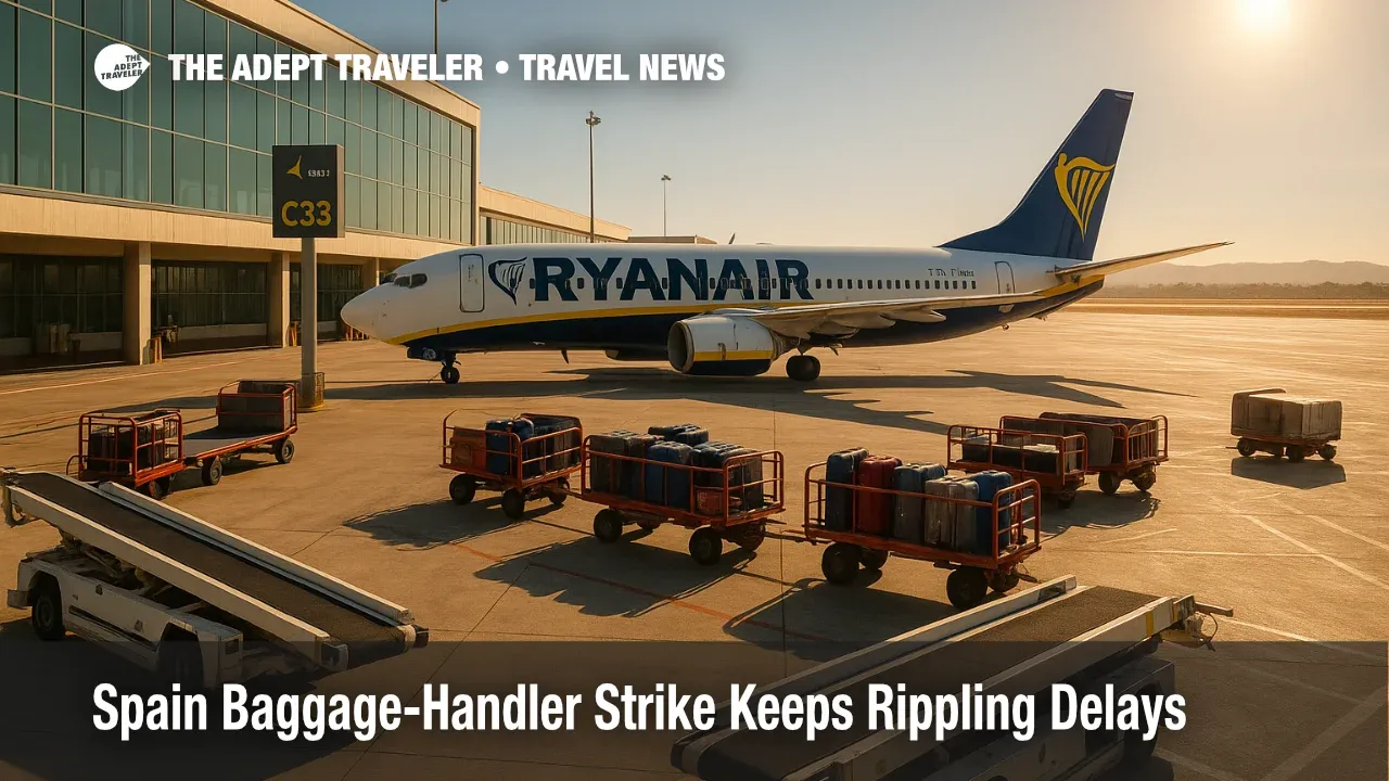 Ryanair ramp at a Spanish airport with baggage carts queued during peak slowdown, illustrating Spain baggage-handler strike and minimum-service rules.