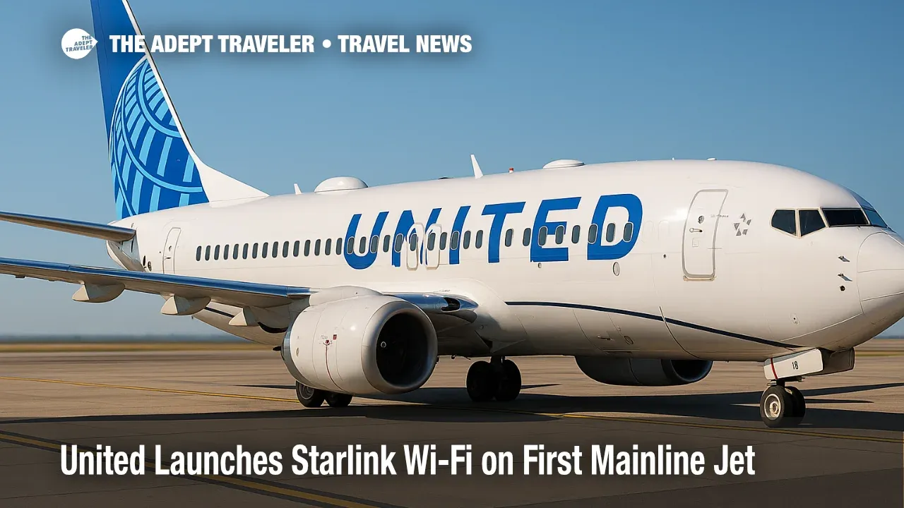 United Boeing 737-800 at the gate shows Starlink Wi-Fi radomes, highlighting United Starlink Wi-Fi service debut on a mainline aircraft.