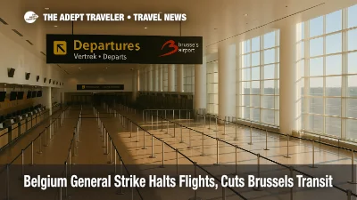 Empty Brussels Airport departure hall during Belgium general strike, showing closed security lanes, reduced lighting, and abandoned check-in rows.