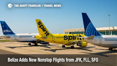 Aircraft tails from JetBlue, Spirit, and United on the Belize City ramp, illustrating new Belize flights from New York, Fort Lauderdale, and San Francisco.