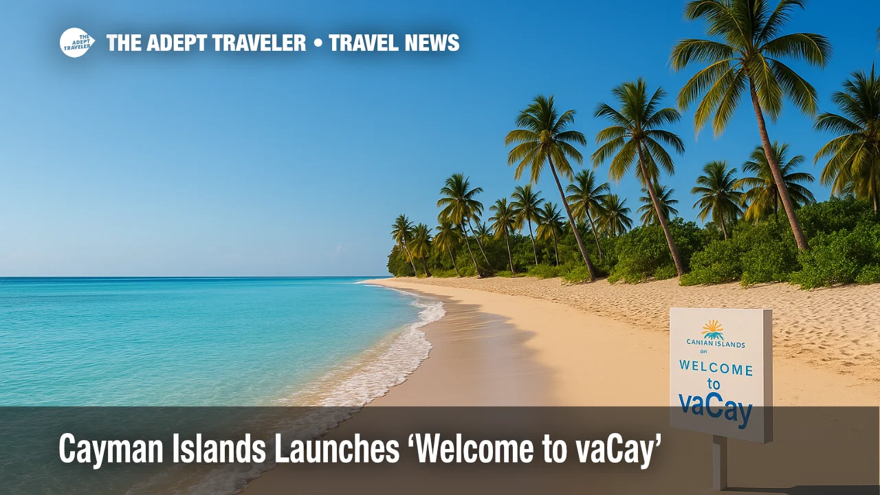 Calm Seven Mile Beach shoreline with turquoise water and palms, evoking slow travel and the Cayman Islands' "Welcome to vaCay" message.