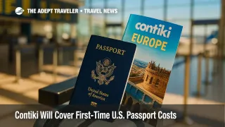 A U.S. passport sits beside a Contiki Europe tour brochure at an airport check-in counter, illustrating the Contiki free passport program.