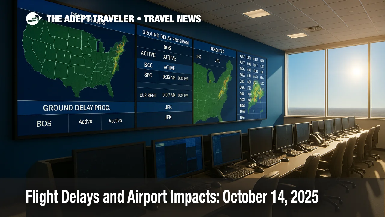 FAA command center traffic-flow wall shows programs and reroutes during flight delays, highlighting ground delay program activity and Northeast weather impacts.