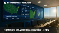 FAA command center traffic-flow wall shows programs and reroutes during flight delays, highlighting ground delay program activity and Northeast weather impacts.