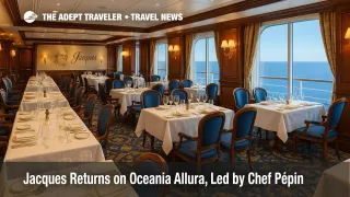 Elegant French restaurant aboard Oceania Allura with white-linen tables and warm wood accents, highlighting the revived Jacques restaurant for culinary travel.