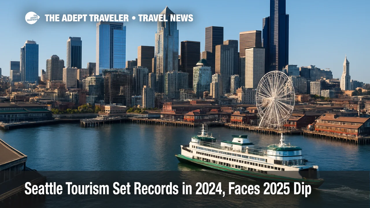 Seattle waterfront skyline with ferries and the Great Wheel under clear skies, illustrating strong Seattle tourism and international visitor demand.