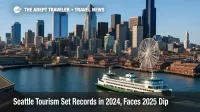 Seattle waterfront skyline with ferries and the Great Wheel under clear skies, illustrating strong Seattle tourism and international visitor demand.