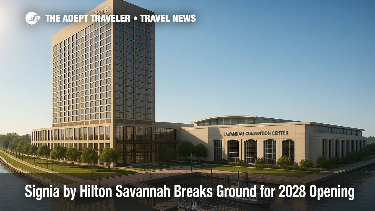 Rendering of Signia by Hilton Savannah on the riverfront with the convention center and ferries nearby, a meetings and events hotel anchoring the campus.