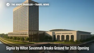 Rendering of Signia by Hilton Savannah on the riverfront with the convention center and ferries nearby, a meetings and events hotel anchoring the campus.