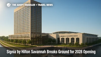 Rendering of Signia by Hilton Savannah on the riverfront with the convention center and ferries nearby, a meetings and events hotel anchoring the campus.