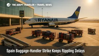 Ryanair ramp at a Spanish airport with baggage carts queued during peak slowdown, illustrating Spain baggage-handler strike and minimum-service rules.