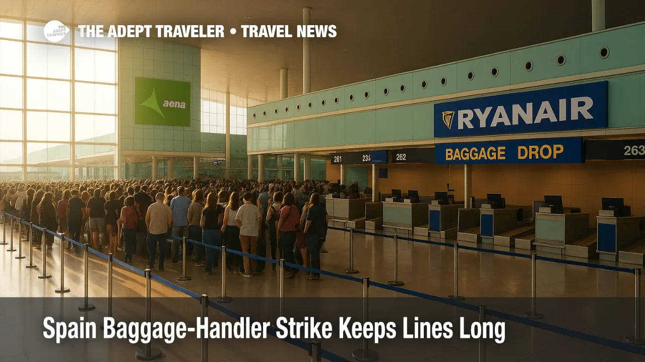 Travelers face long lines at Barcelona check-in during the Spain baggage-handler strike, with Ryanair counters visible and peak-window congestion.