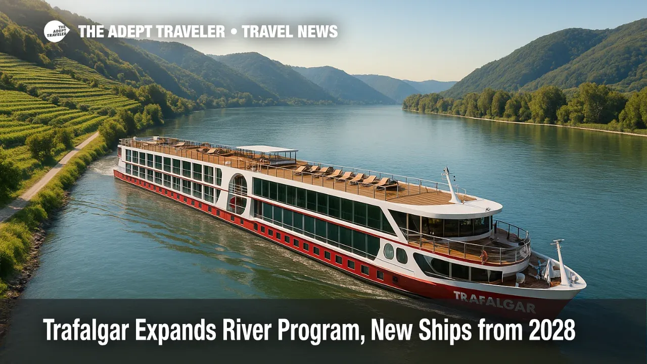 A Trafalgar river cruise ship sails a sunny Danube bend past Wachau vineyards, highlighting the brand's 2026 Danube and Rhine debut.