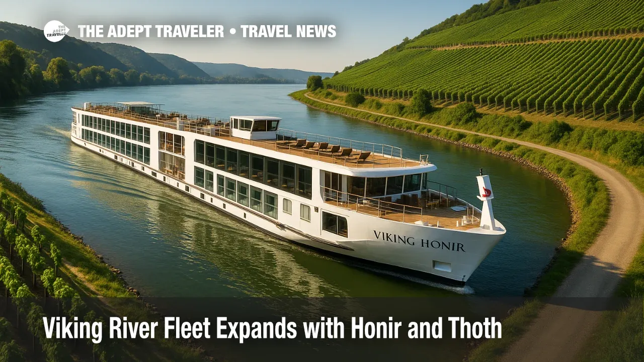 A Viking Longship sails past terraced Rhine vineyards under clear skies, illustrating new Viking river ships expanding Europe and Nile programs.