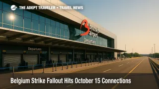 Brussels Airport departures hall shows thin lines and darkened counters as strike fallout disrupts October 15 connections and rebooking options.