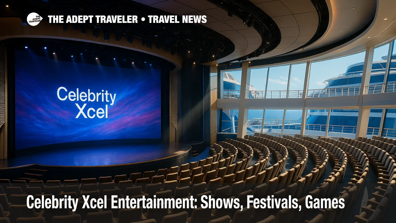 A wide view of Celebrity Xcel's theatre shows a curved LED screen and modern staging, highlighting the Celebrity Xcel entertainment lineup.