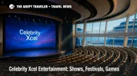 A wide view of Celebrity Xcel's theatre shows a curved LED screen and modern staging, highlighting the Celebrity Xcel entertainment lineup.