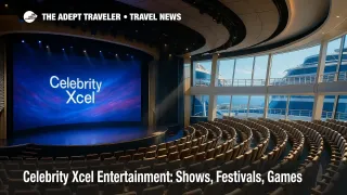 A wide view of Celebrity Xcel's theatre shows a curved LED screen and modern staging, highlighting the Celebrity Xcel entertainment lineup.