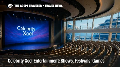 A wide view of Celebrity Xcel's theatre shows a curved LED screen and modern staging, highlighting the Celebrity Xcel entertainment lineup.