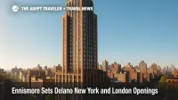 Street-level view of Delano SoHo New York's tower facade in bright sun, illustrating Delano New York and London brand expansion.