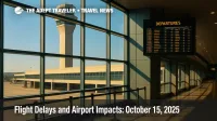 The terminal's windowed concourse frames an FAA control tower beyond a TSA checkpoint and departures board during a government shutdown air travel squeeze.