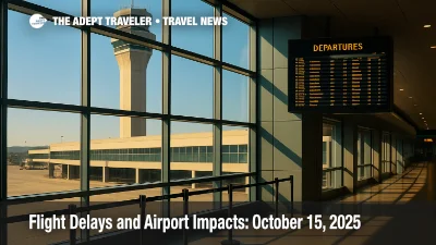 The terminal's windowed concourse frames an FAA control tower beyond a TSA checkpoint and departures board during a government shutdown air travel squeeze.