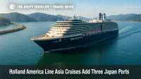 Noordam sails through Maizuru Bay on a clear morning, illustrating scenic cruising on Holland America Asia cruises with mountains and harbor in view.