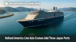 Noordam sails through Maizuru Bay on a clear morning, illustrating scenic cruising on Holland America Asia cruises with mountains and harbor in view.
