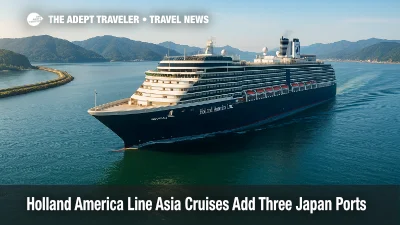 Noordam sails through Maizuru Bay on a clear morning, illustrating scenic cruising on Holland America Asia cruises with mountains and harbor in view.