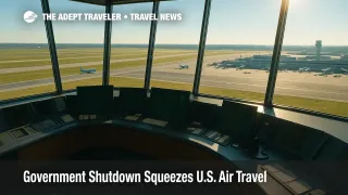 unlit control tower interior with radar consoles and a wide runway view through windows, no people, shutdown air travel.