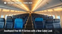 Updated Southwest 737 cabin with RECARO seats, larger bins, and seatback power, highlighting Extra Legroom rows and the Southwest free Wi-Fi rollout.