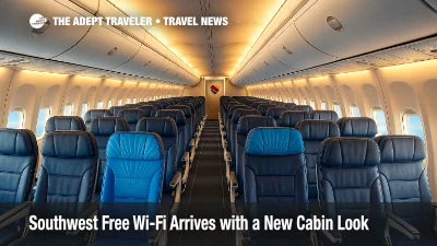 Updated Southwest 737 cabin with RECARO seats, larger bins, and seatback power, highlighting Extra Legroom rows and the Southwest free Wi-Fi rollout.