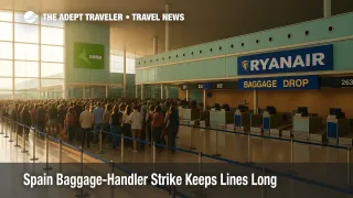 Travelers face long lines at Barcelona check-in during the Spain baggage-handler strike, with Ryanair counters visible and peak-window congestion.