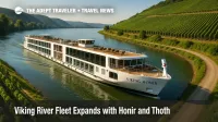 A Viking Longship sails past terraced Rhine vineyards under clear skies, illustrating new Viking river ships expanding Europe and Nile programs.