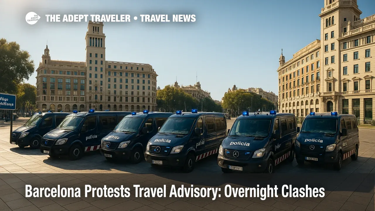 Police vans line Plaça Catalunya as Barcelona protests continue, advising travelers on routes and reduced transit service.