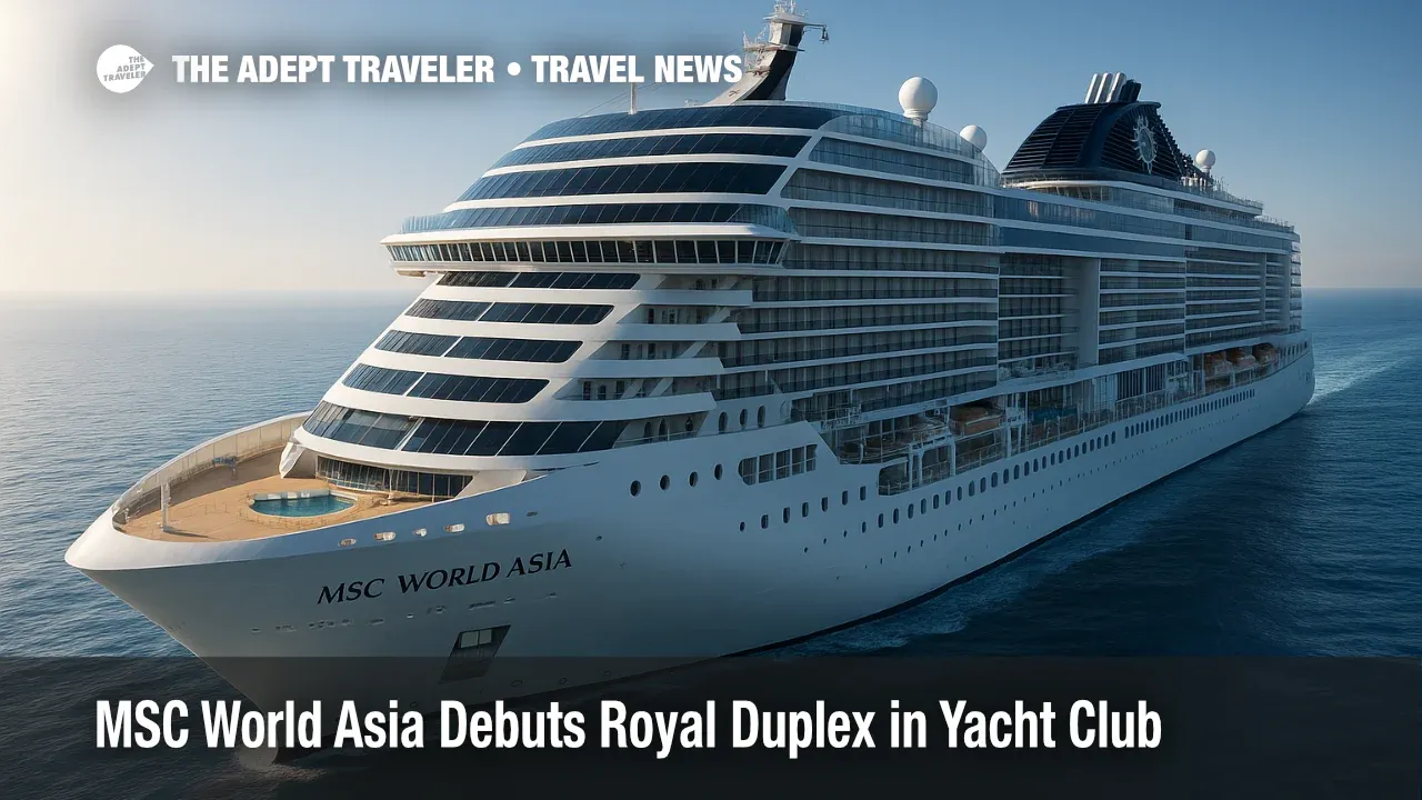 MSC World Asia's bow and Yacht Club foredeck under clear skies, highlighting the expanded MSC Yacht Club amenities.