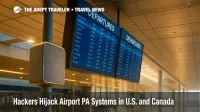 Wide airport concourse showing public address speakers and flight information screens, illustrating airport PA systems hacked incidents and minor delays.