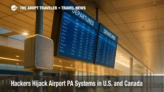 Wide airport concourse showing public address speakers and flight information screens, illustrating airport PA systems hacked incidents and minor delays.