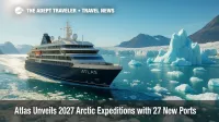 Atlas Ocean Voyages expedition yacht navigates iceberg-studded Greenland fjord, highlighting 2027 Arctic expeditions across Svalbard, Iceland, and Canada.