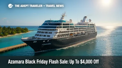 An Azamara cruise ship departs a sunny tropical harbor, illustrating Azamara Black Friday Flash Sale savings and onboard credit.