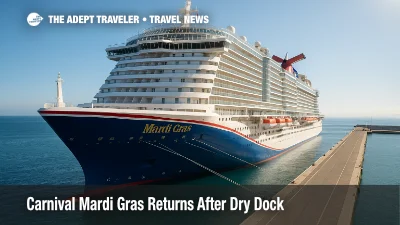 Carnival Mardi Gras departs Barcelona after dry dock with refreshed spaces and new connecting staterooms for families.