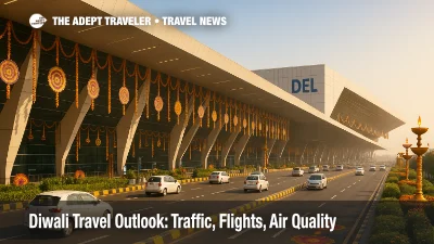 Travelers approach Delhi airport amid Diwali decorations, illustrating the Diwali travel outlook with busy access roads and security queues.