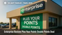 Enterprise branch exterior with green signage promotes Plus Your Points double points deal for fall and winter rentals.