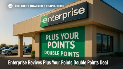 Enterprise branch exterior with green signage promotes Plus Your Points double points deal for fall and winter rentals.